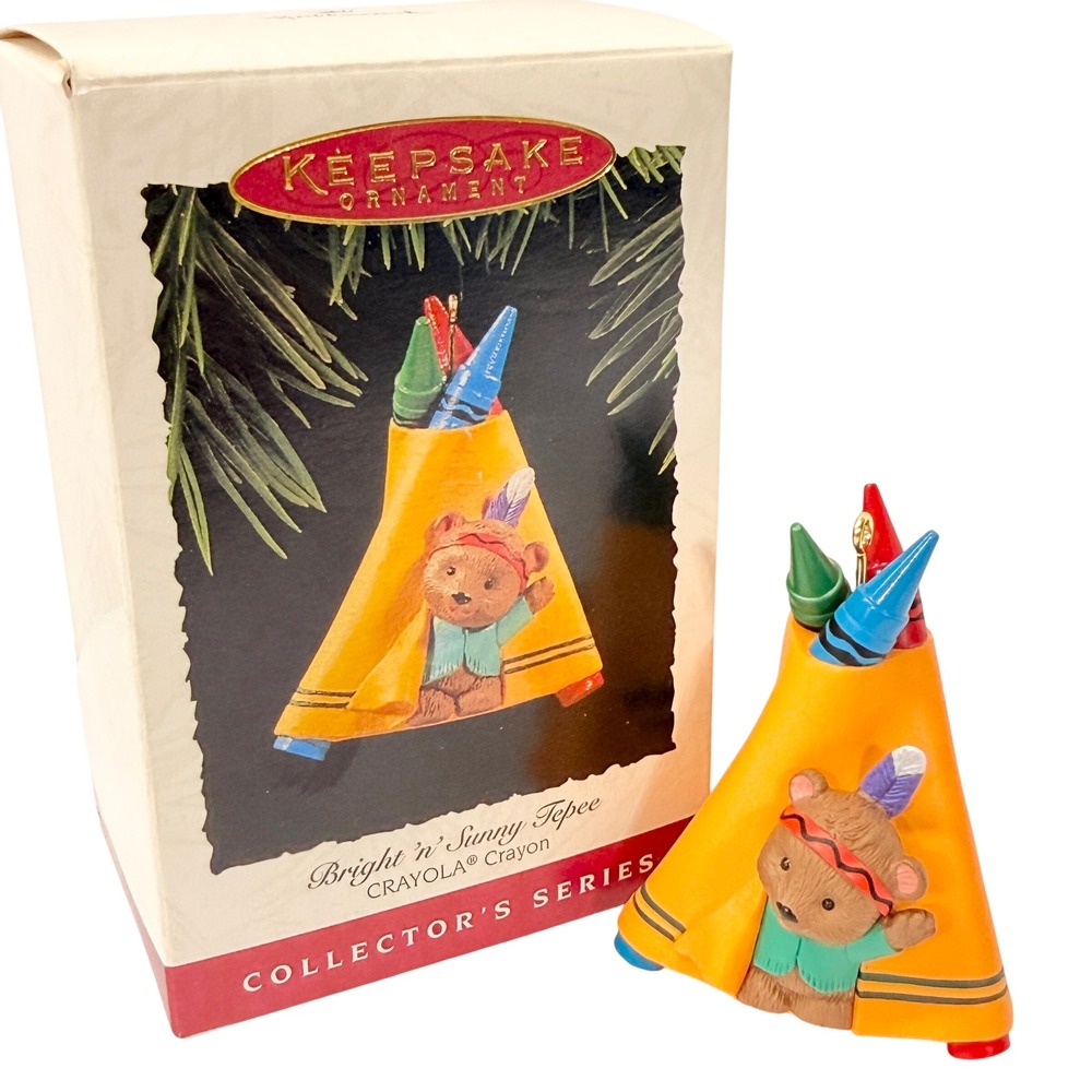 1995 Hallmark Keepsake Ornament Crayola Bright n Sunny Tepee Bear Series 7 Box